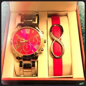 Pink & Silver Watch & Bracelet Gift Set
